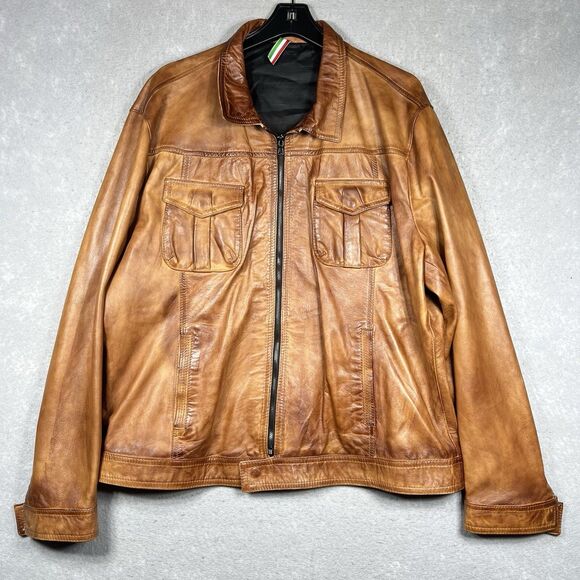 Vera Pelle Faux Leather Jacket Smooth Lambskin Brown Men Size